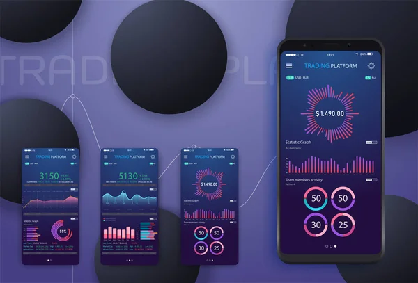 Business-Trendanalyse auf Smartphone-Bildschirm mit Diagrammen, perspektivisch flache Design-Infografik auf farbigem Hintergrund. — Stockvektor