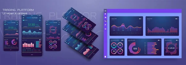 平面设计响应管理和管理 Dashbord 用户界面移动应用程序模板在时髦的现代背景下 — 图库矢量图片