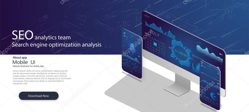 SEO analytics team landing page. Analytic web pages with charts.Search engine optimization analysis concept on ultraviolet background Vector 3d illustration