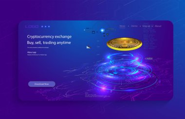 Bitcoin kavramsal arka plan mavi parlak elektrik ışıkları ile hud tarzı. Modern parlak afiş, metniniz için yer ile site şablonu.