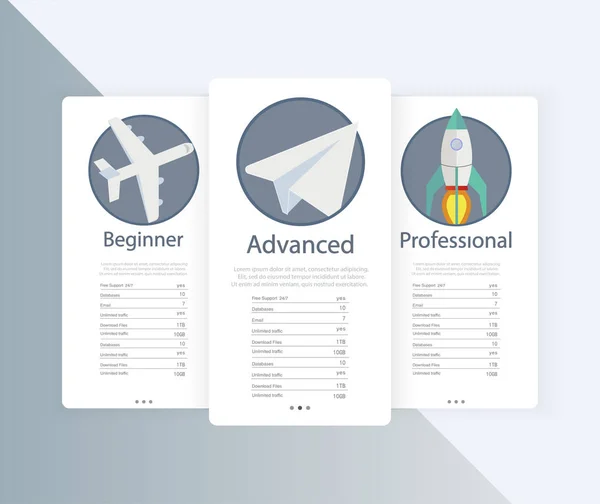 Lista de preços, planos de hospedagem e web boxes banners design. três tarifas. interface para —  Vetores de Stock