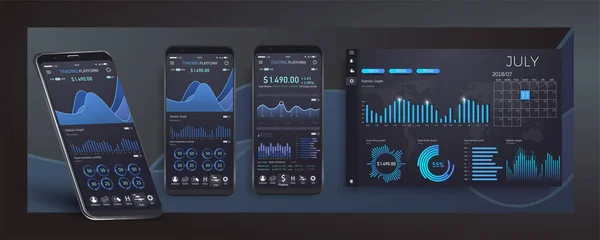 Modello di infografica mobile app con design moderno grafici statistici settimanali e annuali. UI UX design app criptovaluta portafoglio . — Vettoriale Stock