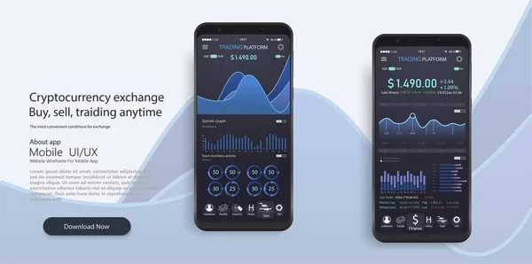 Mobile app infographic template with modern design weekly and annual statistics graphs. Pie charts, workflow, UI elements. Digital money market, — Stock Vector