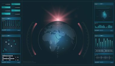 HUD. Yüksek teknoloji futuristik göstermek. Teknoloji ve bilim, analiz tema. Dijital Kullanıcı arabirimi. Infographic öğeleri: grafik, dalgalar, ok, regülatör, daire. Radar ekranı. Vektör çizim 