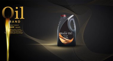 Şişe motor yağı, teknik çizimler. Gerçekçi 3d görüntü vektör. teneke kutu reklamlar şablon marka logosu ile planları. 