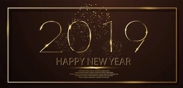 Goldenes frohes neues Jahr 2019 und gelbes Scheinwerferlicht mit Glitzern auf schwarzer Farbe — Stockvektor