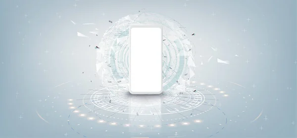 Realistic white smartphone mockup with futuristic technology concept, mobile phone abstract background, vector