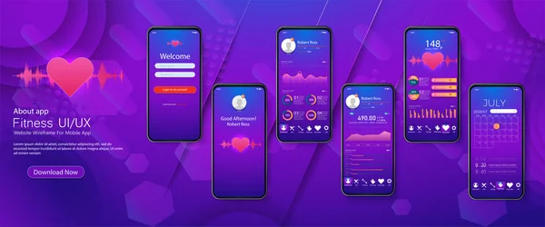 Farklı UI, Ux, GUI ekranları fitness app — Stok Vektör