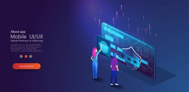 Mobil veri güvenliği izometrik. Akıllı telefon ve kredi kartı ile online ödeme koruma sistemi kavramı. Veri koruma kavramı. Kredi kartı kontrolü ve yazılımı. Kız taramaları 