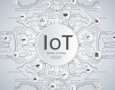 Bağlı akıllı aygıtlar için nesnelerin interneti (IoT) ağ konsepti. Beyaz teknoloji arka planda ağ bağlantıları simgeleri örümcek ağı