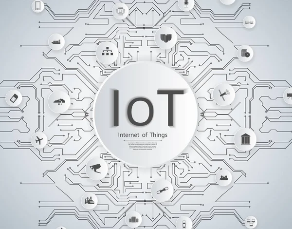 Internet of things (IoT) network concept for connected smart devices. Spider web of network connections icons in white technology background — Stock Vector