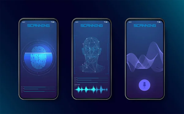 Escáneres biométricos de huellas dactilares, reconocimiento facial y reconocimiento de voz para verificación de autorización con interfaz de identificación futurista. Tecnología Análisis de teléfonos inteligentes . — Archivo Imágenes Vectoriales