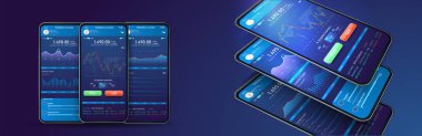 Telefon ekranında ticaret değişimi uygulaması. Mobil Bankacılık cryptocurrency ui UX. online stok ticaret arayüzü. Pasta grafikleri, iş akışı, web tasarımı. Vektör