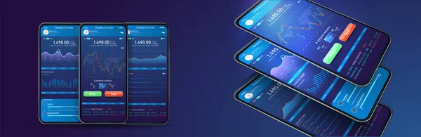 Handel utbyte app på telefonens skärm. Mobil bank kryptovaluta UI UX. online aktie handel gränssnitt. Cirkel diagram, arbets flöde, webb design. Vektor — Stock vektor