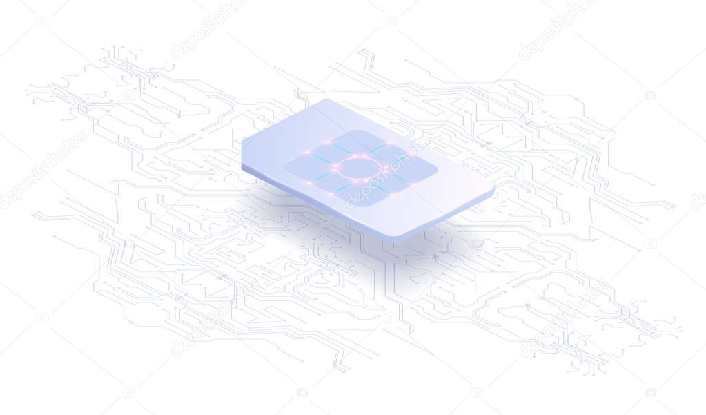 Abstract banner Embedded SIM concept. New mobile communication technology and processor background circuit board Global communication network concept. v 