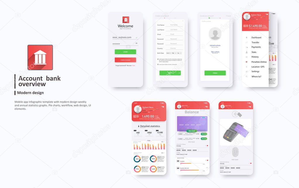 Design of the mobile app UI, UX. A set of GUI screens for mobile banking layout including Login, Create Account, Profile, Transaction and Notification screens.Online payment. Vector template design.