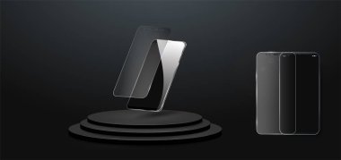  Ekran koruyucusu Glass. Cep telefonu için şeffaf sertleştirilmiş cam kalkanın vektör çizimi. Cep telefonu havada yüzüyor. Podyumdaki telefon..