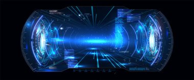 Fütürist Vektör VR Görüntü HUD Arayüz Arayüzü Ekran Tasarımı. Sanal gerçeklik. Dijital kullanıcı arayüzü. Vr kulaklık. VR gözlükleri. Vector Illustration Gui. Mobil uygulama. Gösterge Paneli Bilim-Kurgu Miğferi.
