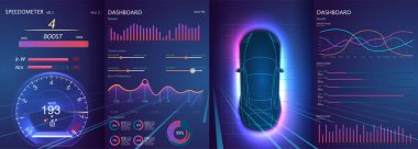 Araba için modern uygulama unsurları, her amaç için harika tasarım. HUD GUI gelecek araba şablonu tasarla. Araba konsolu. Veri paneli. İzole vektör seti. Bilgisayar simgesi.