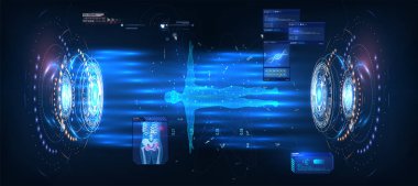 HUD UI GUI, her amaç için harika tasarım. Mavi teknoloji arka plan vektör illüstrasyonu. Gelecekçi teknoloji hud ekranı. Fütürist dijital teknoloji konsepti. Modern tıbbi muayene