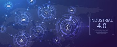 Endüstri 4.0 kavramı. Otomasyon, ikonların akışı, veri değişim teknolojisi üretiminde. Bağlı aygıtlar için şeylerin interneti (IoT) ağ konsepti. Ağ bağlantılarından oluşan örümcek ağı