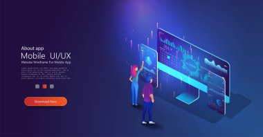 İş grafiği ve analitik verileri olan dizüstü bilgisayarın uygulaması. İş istatistikleri, diyagramlar, vektör konsepti. Finansal analiz afiş şablonu. Analitik veri diyagramı, şeması. Mobil UI / UX