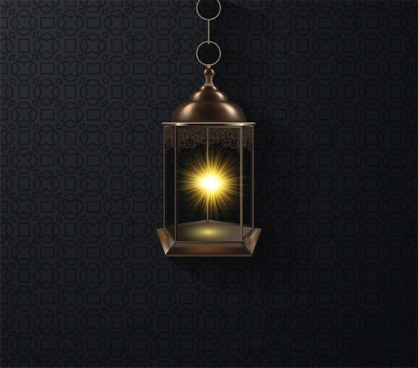 Ornamental Arabic lantern glowing at night. Festive greeting card, invitation for Muslim holy month Ramadan Kareem — Stock Vector