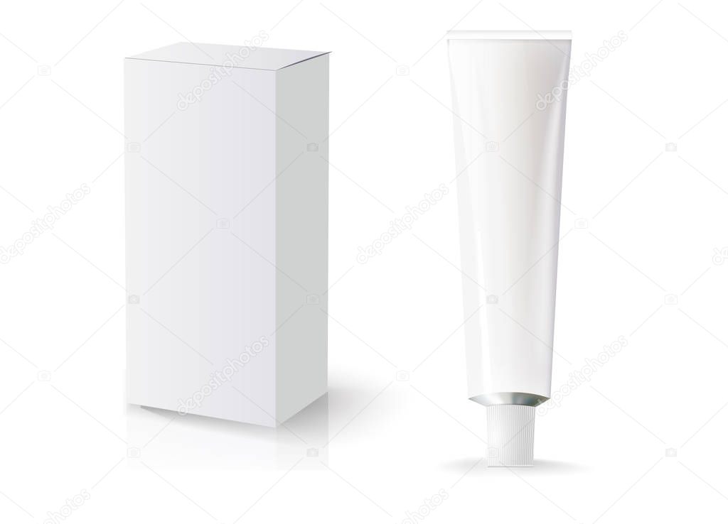 Mock box and cream tube , great design for any purposes. Package design. Blank cosmetic tube mock up isolated on white background.