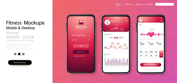 Farklı UI, Ux, GUI ekranları fitness app — Stok Vektör