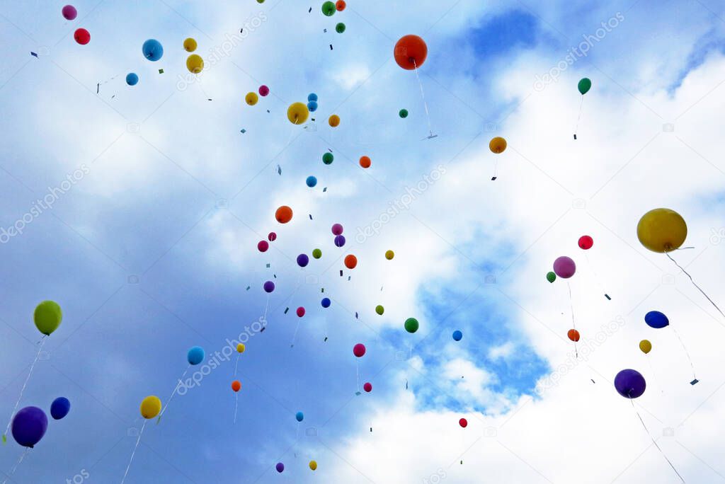 flying balloons, blue sky