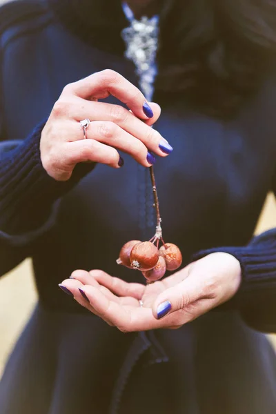 Ragazza Lascia Andare Ramo Con Bacche Sul Palmo Della Mano — Foto Stock