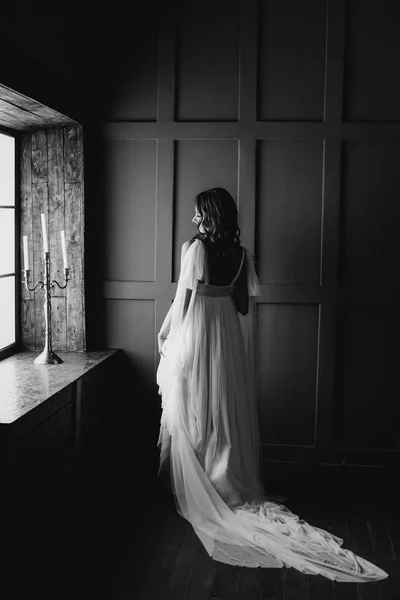 Girl White Wedding Dress Window — Stock Photo, Image