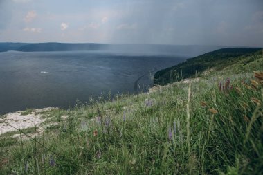 kayalar ve kanyonlar ve çiy ile şafak yeşil bitki örtüsü dolambaçlı bir kanal ile manzara