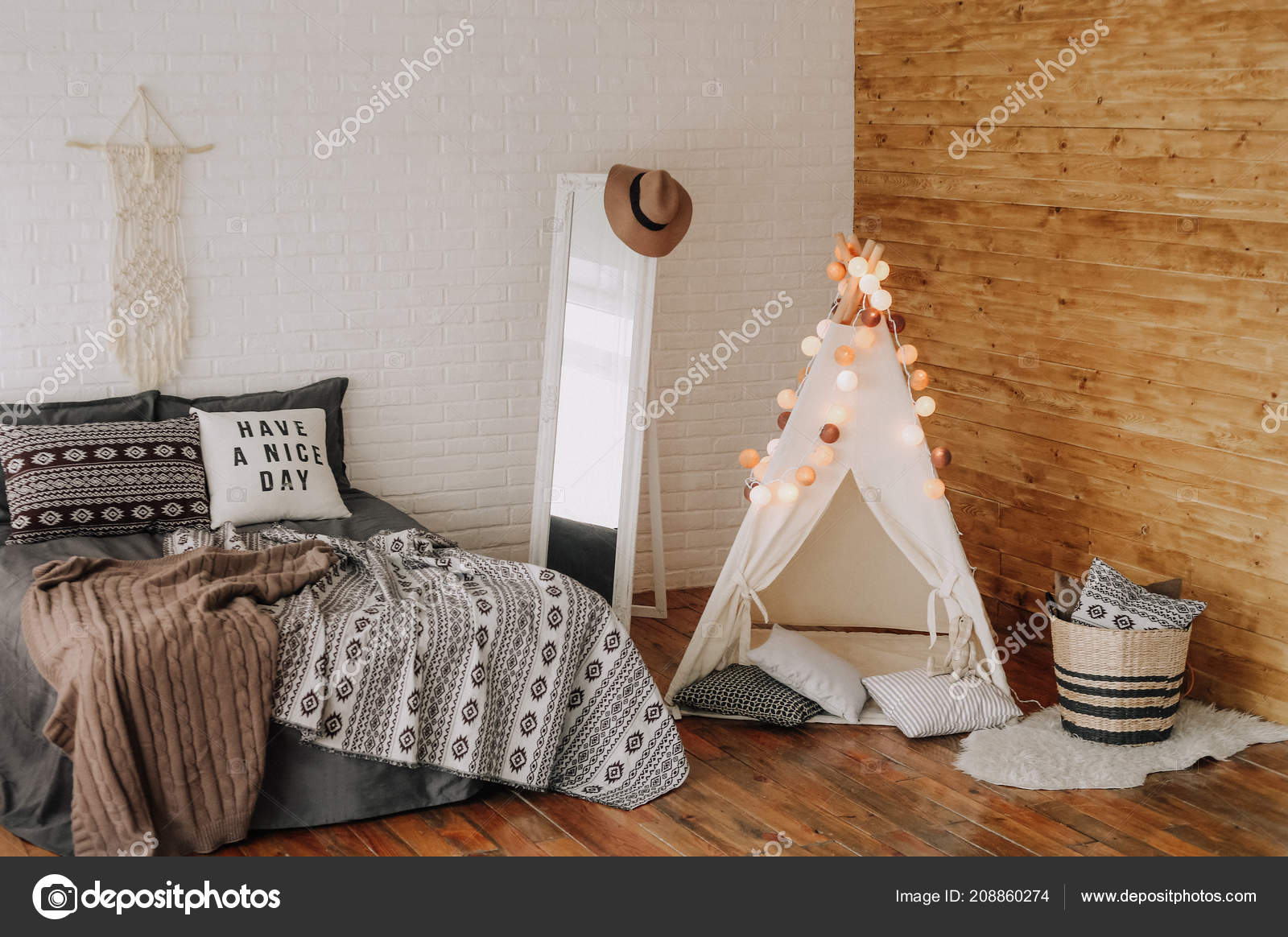 Interior Bedroom Bed Boho Style Decor Stock Photo
