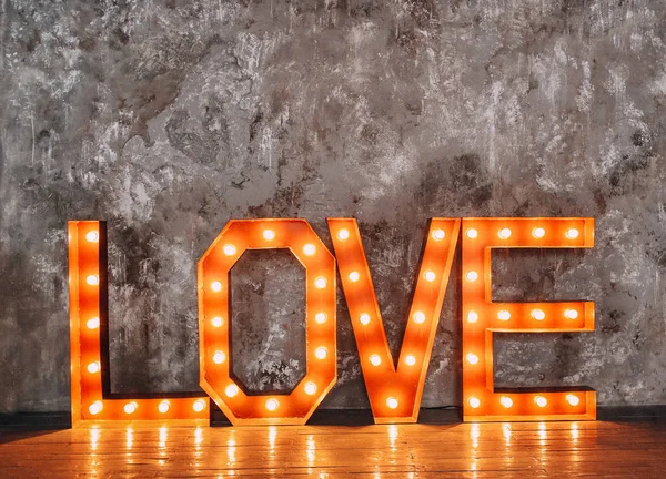 Love Big Glowing Light Bulbs Retro Letters Made Metal Gray — Stock Photo, Image