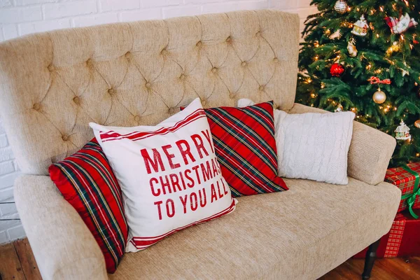 New Year Decorations Style Tartan Red Gold Christmas Tree Sofa — Stock Photo, Image