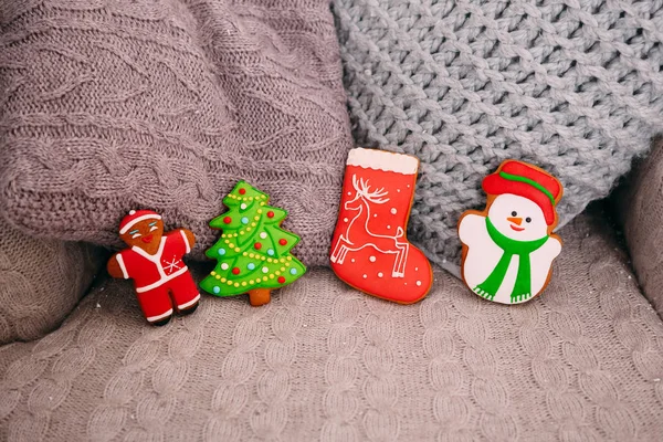 Decorado Com Gingerbread Natal Colorido Ramos Abeto Com Cones Fundo — Fotografia de Stock