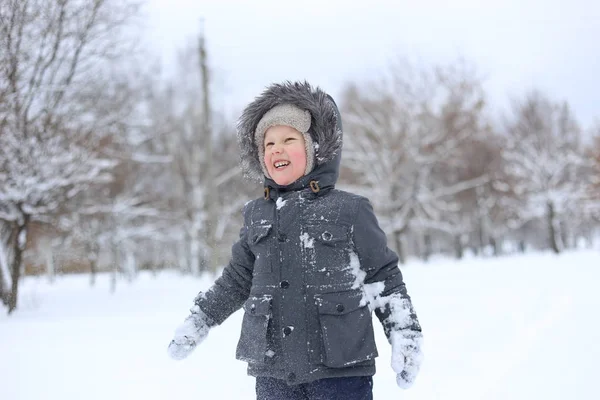 Bambino Una Giacca Calda Attivamente Gioca Con Neve Gioisce — Foto Stock