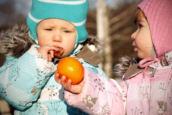暖かい服装で冬のフィールドを つの外の子供 — ストック写真
