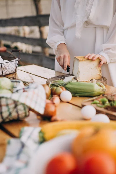 Cutting Cheese Vegetables Wooden Table — Stock Photo, Image