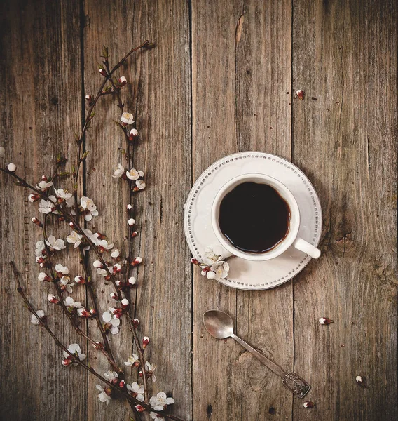 Tazza Caffè Con Piattino Bianco Fondo Legno Con Rami Salice — Foto Stock