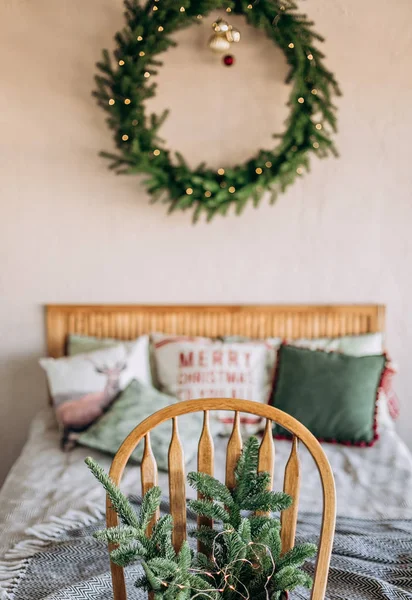 Rustic Room Decoration Christmas Parties Gift Boxes Pine Needles Green — Stock Photo, Image