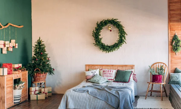 Rustic Room Decoration Christmas Parties Gift Boxes Pine Needles Green — Stock Photo, Image