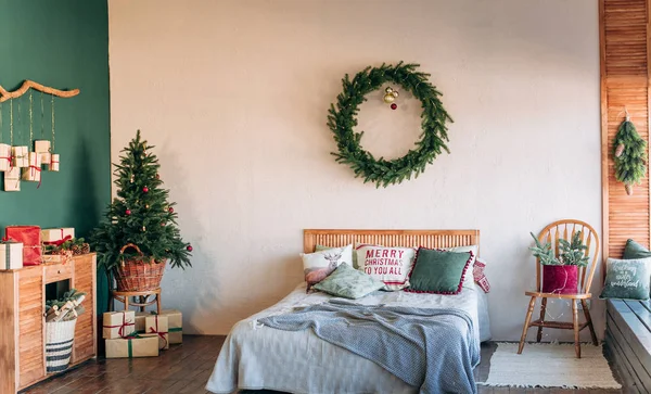 Rustic Room Decoration Christmas Parties Gift Boxes Pine Needles Green — Stock Photo, Image