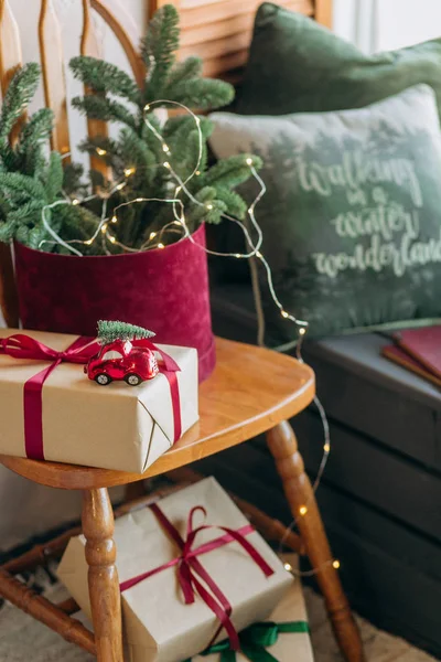 Rustic Room Decoration Christmas Parties Gift Boxes Pine Needles Green — Stock Photo, Image