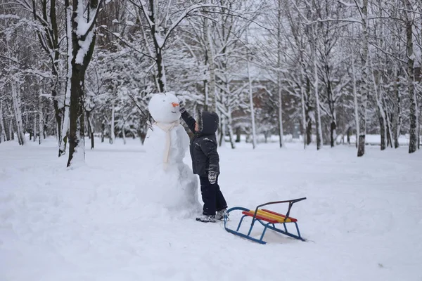 Dziecko Parku Grać Zima Śnieg Zabawa Emocje — Zdjęcie stockowe