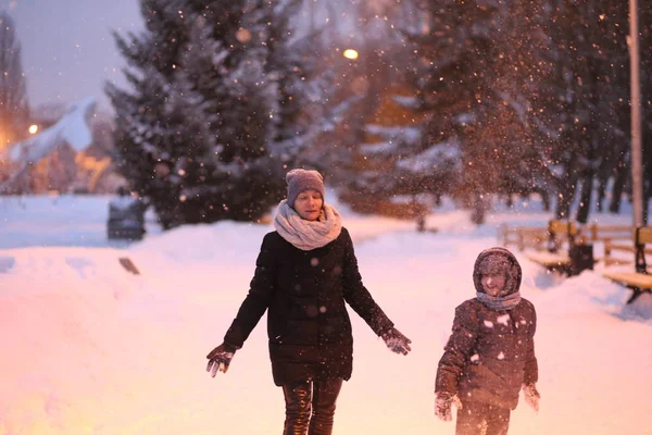 Family Mother Child Play Park Winter Snow Season Joy — Stock Photo, Image