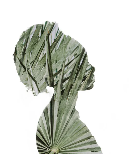 Multi Exposure Woman Hairstyle Palm Leaves Isolated White Background — Stock Photo, Image