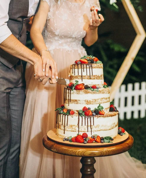 Feestelijke Taart Drie Lagen Met Vers Fruit Voor Viering — Stockfoto