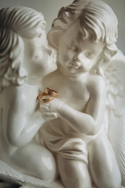 Два ангела любят пару колец предложение руки и сердца — стоковое фото